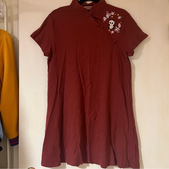 Cute Burgundy Embroidered Panda Qipao Dress - Picture 2 of 5